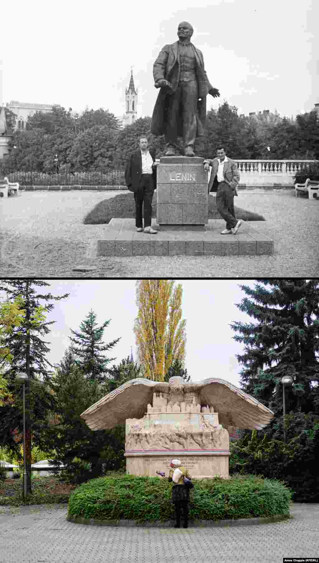 Veszprem, 1962-2019 Statuia lui Lenin (Sus) din orașul Veszprém a fost înlocuită cu un memorial al Árpád Brusznyai. Brusznyai a fost implicat în revolta din 1956, fiind spânzurat de autoritățile comuniste în 1958. Foto: Fortepan/ Marton Gabor, 1962