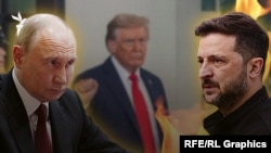 Колаж із зображенням Володимира Зеленського (президента України), Дональда Трампа (президента США) та Володимира Путіна (президента Росії)