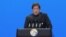 Pakistani Prime Minister Imran Khan speaks during the opening ceremony of the Belt and Road Forum in Beijing on April 26.