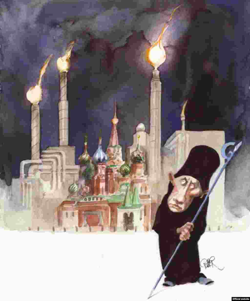 Фрагмент карикатури Рібера Ганссона (Швеція), добре відомого в світі карикатуриста, який з 2007 року декілька разів перемагав у конкурсі, й посів друге місце у конкурсі &laquo;Диявольська бензоколонка&raquo; 