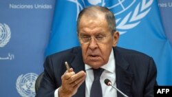Russian Foreign Minister Sergei Lavrov responds to a question during a press conference following his address to the UN General Assembly in New York City on September 23. 