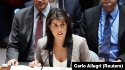 Fosta ambasadoare americană la ONU Nikki Haley vorbind la Consiliul de Securitate ONU despre situația din Crimeea, New York, 26 noiembrie 2018
