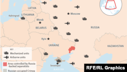 Орусиянын Украинанын чек арасына жакын тартылган аскерлери жана аскердик техникаларынын картасы. 