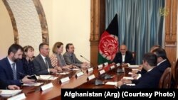 Afghan President Mohammad Ashraf Ghani (M) met with NATO member countries ambassadors in Kabul on August 3. 