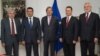 Средба на еврокомесарот Јоханес Хан со лидерите на четрите најголеми македонски партии Груевски, Заев, Ахмети и Тачи. (архивска фотографија)