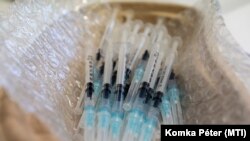 Pfizer-vakcinával teli fecskendők az egri Markhot Ferenc Kórház oltópontján 2021. november 24-én