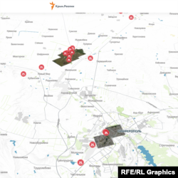 Вибухи, удари та пожежі у Сімферопольському районі на мапі військових об'єктів РФ у Криму, створеній Крим.Реалії