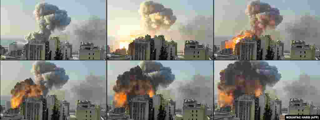 На фотоколажі з кадрів UGC, зроблених 4 серпня, видно, як вибух спричинив велику пожежу. Дим від неї був темно-сірого кольору. Потім у небо піднімається величезний рудий стовп диму і пилу &nbsp;