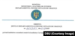 Ordonul DSU privind plasarea în carantină a localității Cartojani, Giurgiu