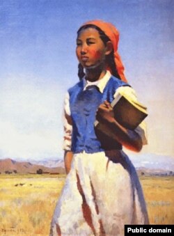 Семён Чуйковдун (1902—1980) "Советтик Кыргызстандын кызы" сүрөтү, 1948, 1950. Мында Орто-Сай кыштагынын тургуну Айжамал Өгөбаева китеп кармап тартылган.
