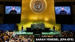 Президент Украины Владимир Зеленский во время выступления на заседании Генеральной ассамблеи ООН. Нью-Йорк, 23 сентября 2024 года
