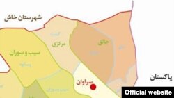 Ирандын Систан-Белучистан вилайетинин картасы. Кызыл чекит - Сараван шаары. 