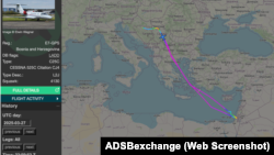 Putanja aviona Vlade Republike Srpske u oba pravca, 27. i 28. marta 2025.