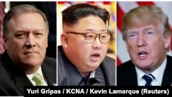 Mike Pompeo (stânga), Kim Jong Un (centru) și Donald Trump (dreapta)