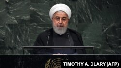 Иран президенті Хассан Роухани БҰҰ Бас ассамблеясында сөйлеп тұр. Нью-Йорк, 25 қыркүйек 2018 жыл.