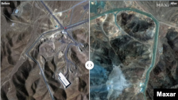 Супутникові знімки іранського ядерного комплексу Фордоу до та після бомбардувань США 22 червня.