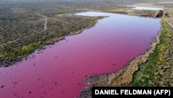 Légi felvétel a nátrium-szulfit miatt rózsaszínűvé vált lagúnáról Patagóniában.