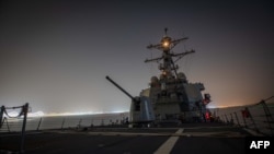 In this image obtained from the US Department of Defense, the Arleigh Burke-class guided-missile destroyer USS Carney transits the Suez Canal on November 26, 2923.