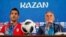 Masoud Shojaei (left) attends a press conference in Kazan, Russia, with Iran coach Carlos Queiroz during the FIFA World Cup in June 2018.